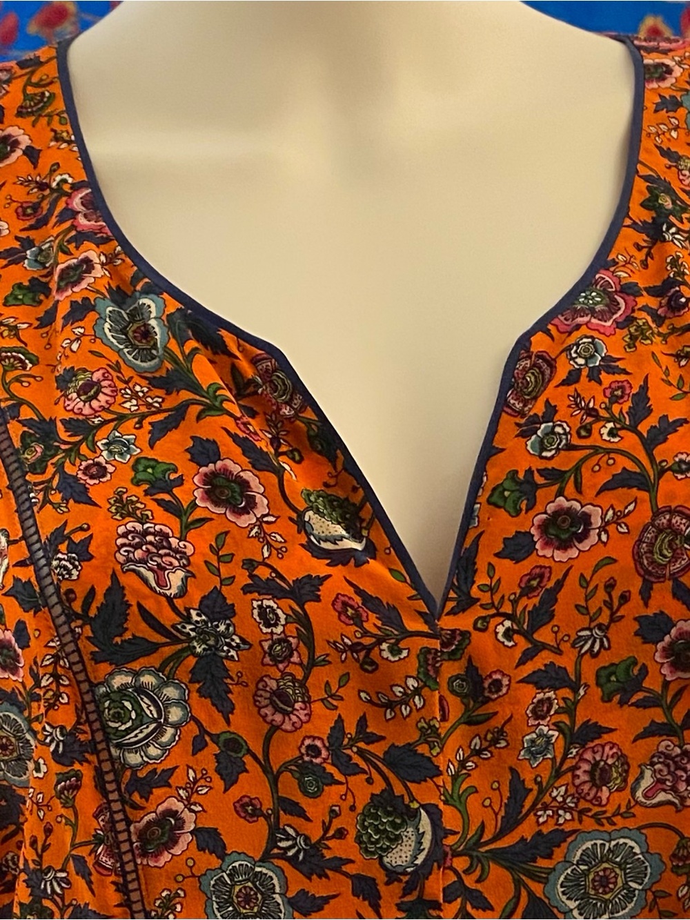 Maeve silk top - medium; Orange Floral Print-with Navy Trim , short sleeves